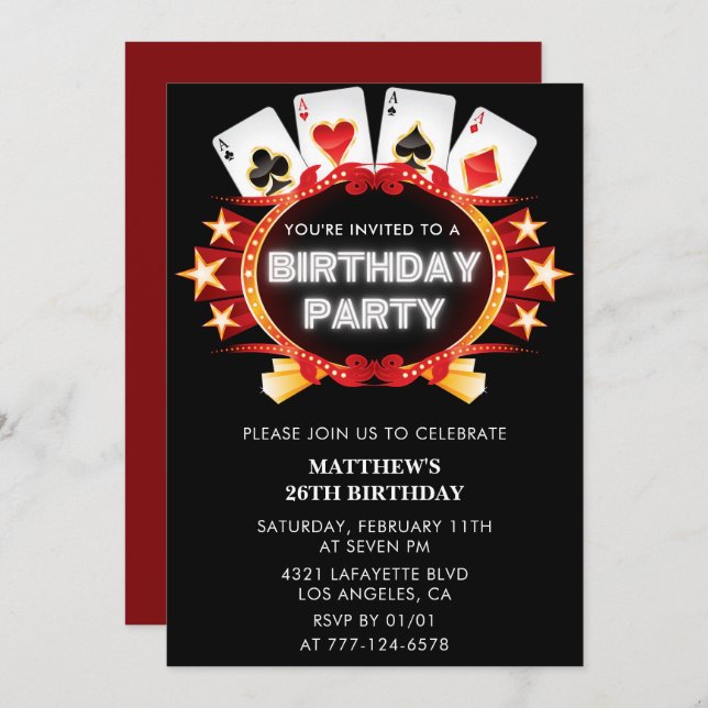 Black 26th birthday invitations Casino Poker Men (Front/Back)