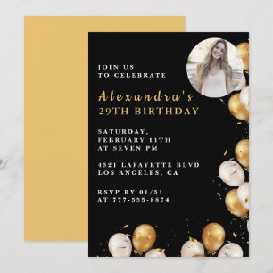 Black 29th birthday invitation Gold Balloon Photo 