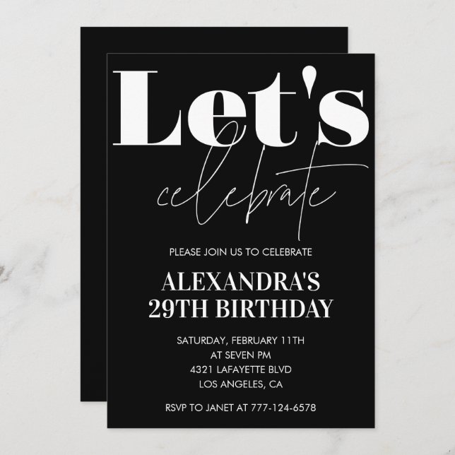 Black 29th birthday invitations Bold Typography  (Front/Back)