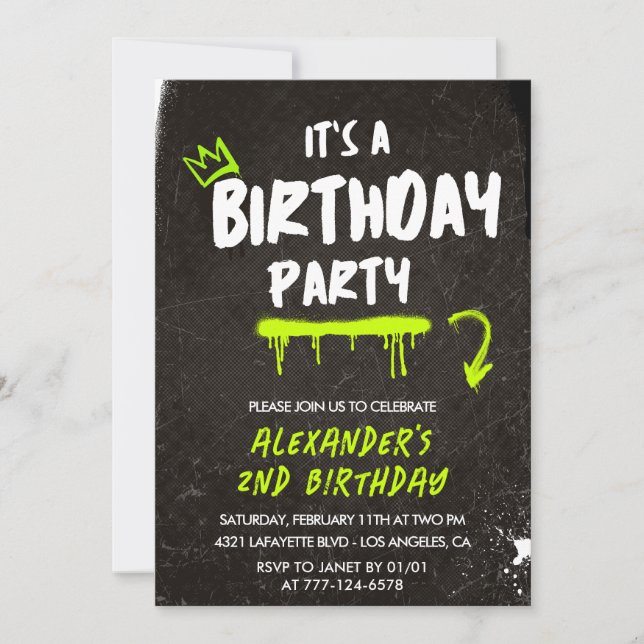 Black 2nd birthday invitations boy Graffiti Paint (Front)