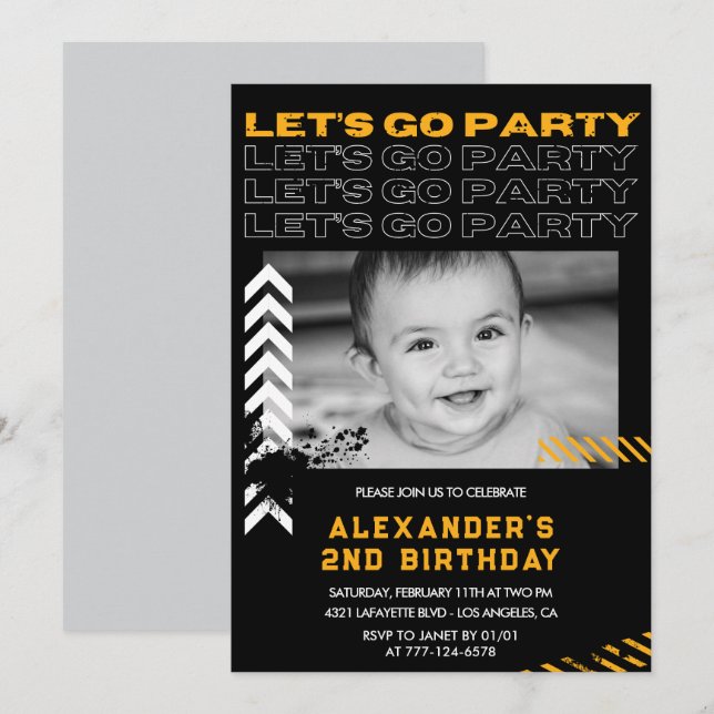 Black 2nd birthday invitations Boy Photo Spray (Front/Back)