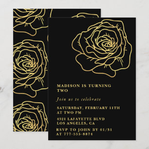 Black 2nd birthday invitations Gold Floral