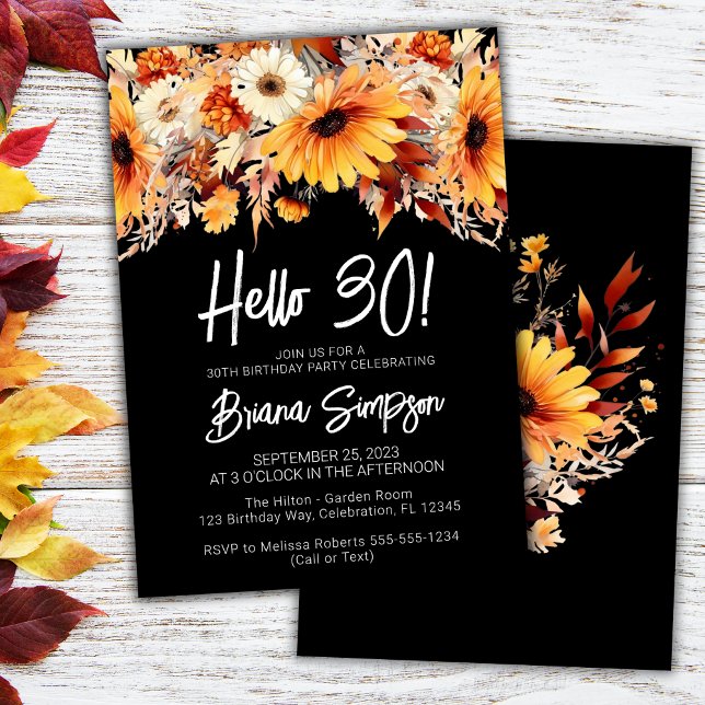 Black 30th Birthday Fall Floral Butterfly Invitation (Creator Uploaded)