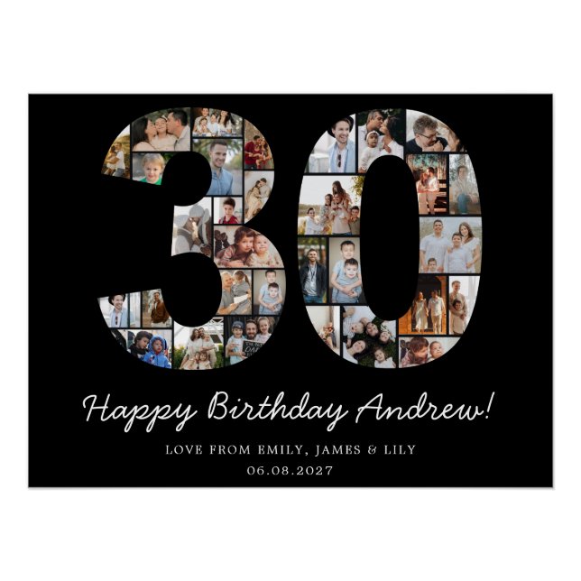 Black 30th Birthday Photo Collage Large Poster (Front)