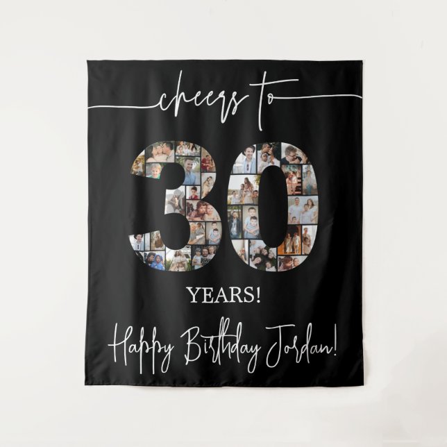 Black 30th Birthday Photo Collage Large Tapestry (Front)