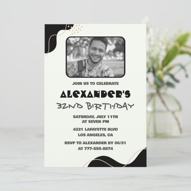Black 32nd birthday invitations Men Simple Photo (Standing Front)