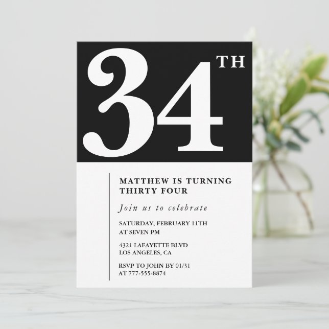 Black 34th birthday invitation Elegant Chic Simple (Standing Front)