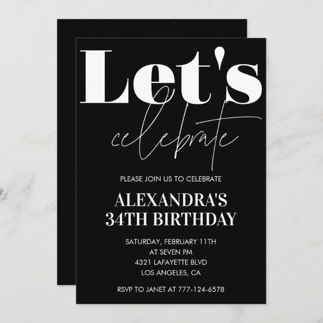 Black 34th birthday invitations Bold Typography  (Front/Back)