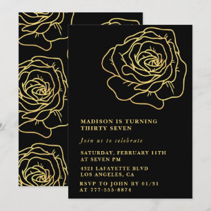 Black 37th birthday invitations Gold Floral