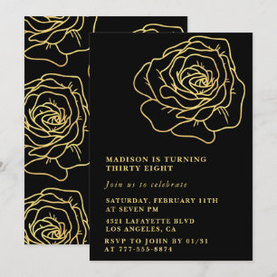 Black 38th birthday invitations Gold Floral