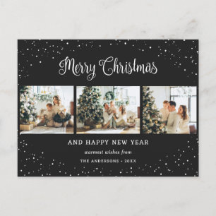 Black 3 Photo Collage Snow Minimalist Holiday Postcard