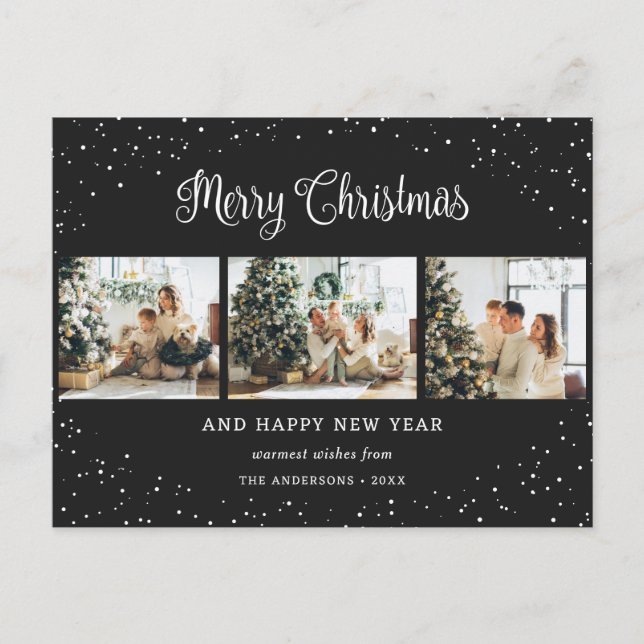 Black 3 Photo Collage Snow Minimalist Holiday Postcard (Front)