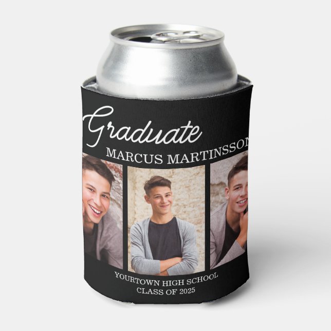 Black 3 Photo Graduate Graduation Can Cooler (Can Front)