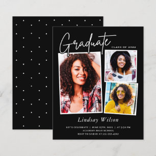 Black 3 Photo Graduation Party Invitation