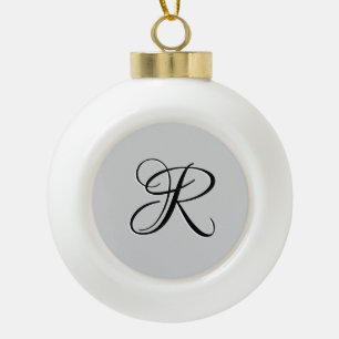 Black 3D Calligraphy Initial Letter Pastel Grey Ceramic Ball Christmas Ornament