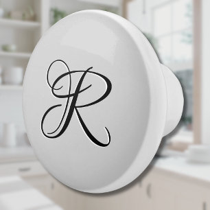 Black 3D Calligraphy Initial Letter   Pastel Grey Ceramic Knob