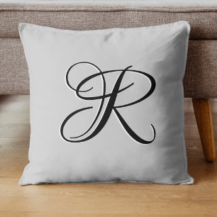 Black 3D Calligraphy Initial Letter Pastel Grey Cushion