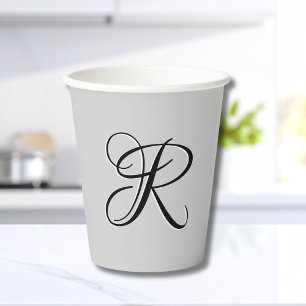 Black 3D Calligraphy Initial Letter   Pastel Grey Paper Cups