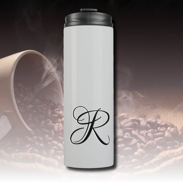 Black 3D Calligraphy Initial Letter | Pastel Grey Thermal Tumbler (Creator Uploaded)