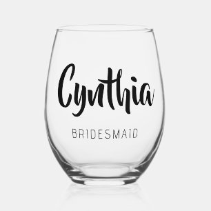 Black 3D Modern Name Bridesmaid   Stemless Wine Glass