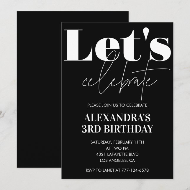 Black 3rd birthday invitations Bold Typography  (Front/Back)