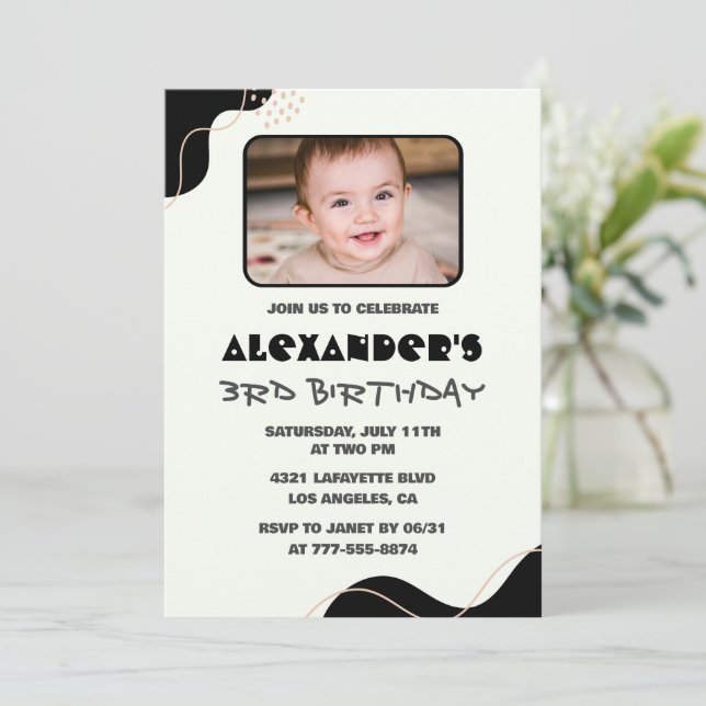 Black 3rd birthday invitations Boy Simple Photo (Standing Front)