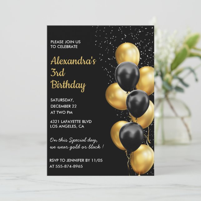 Black 3rd birthday invitations Gold Glitter Glam  (Standing Front)