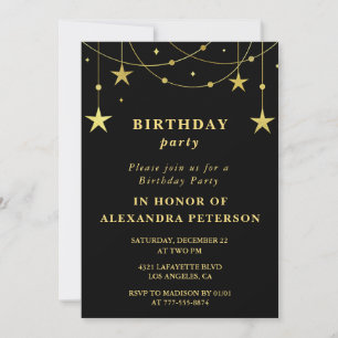Black 3rd Birthday Party Invite Gold Stars