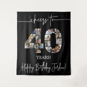 Black 40th Birthday Photo Collage Cheers to 40 Tapestry