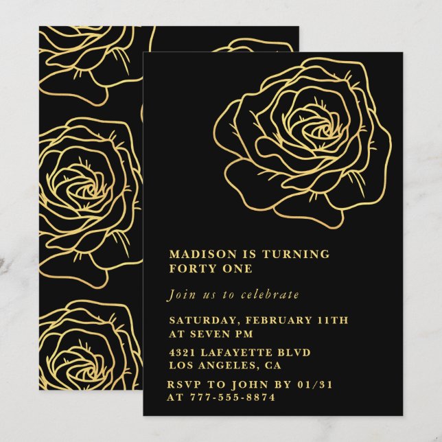 Black 41st birthday invitations Gold Floral (Front/Back)