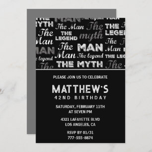 Black 42nd birthday invitation for him Myth Legend