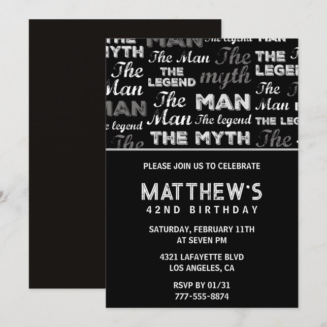 Black 42nd birthday invitation for him Myth Legend (Front/Back)