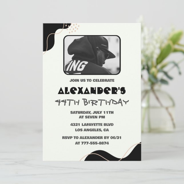 Black 44th birthday invitations Men Simple Photo (Standing Front)