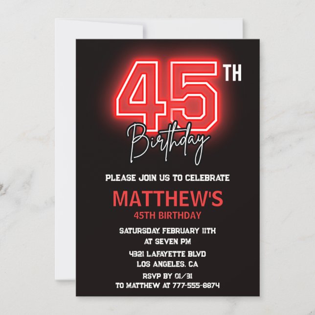 Black 45th birthday invitations Men Neon (Front)
