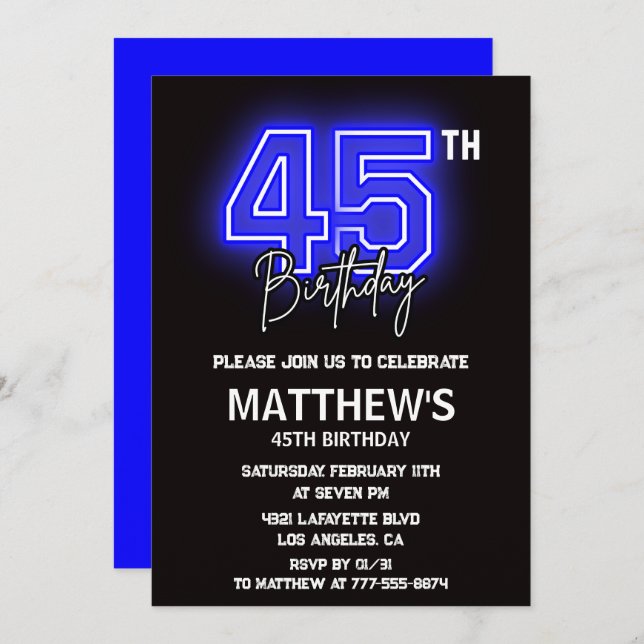 Black 45th birthday invitations Men Sport Neon (Front/Back)
