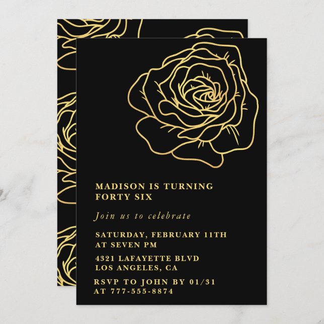 Black 46th birthday invitations Gold Floral (Front/Back)