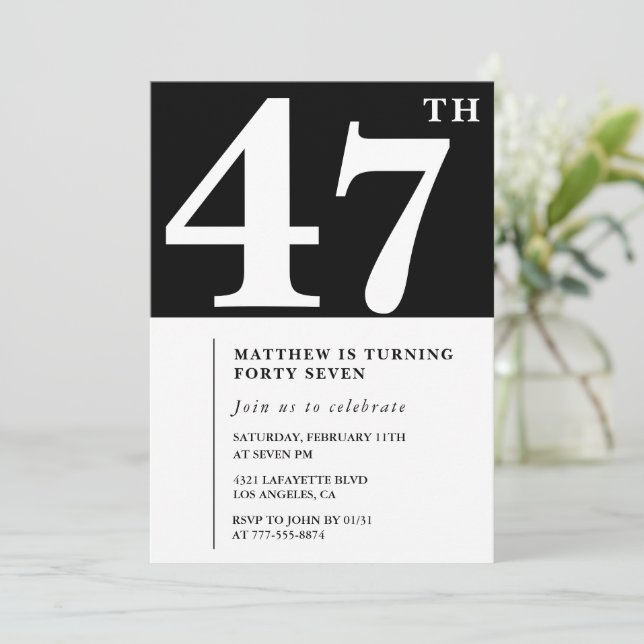 Black 47th birthday invitation Elegant Chic Simple (Standing Front)