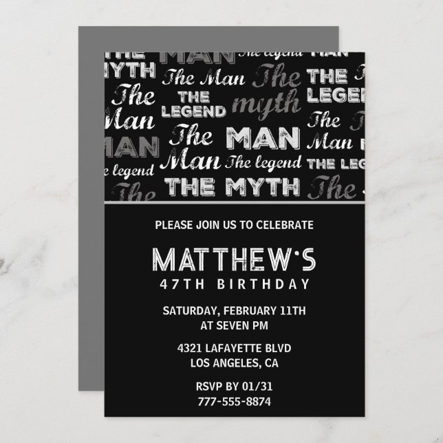 Black 47th birthday invitation for him Myth Legend (Front/Back)