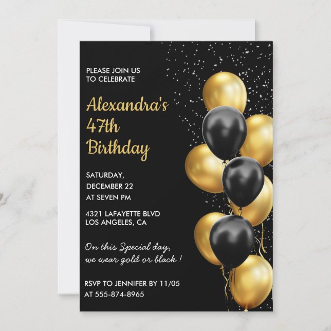 Black 47th birthday invitations Gold Glitter Glam (Front)