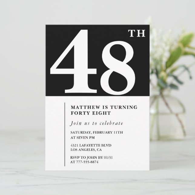 Black 48th birthday invitation Elegant Chic Simple (Standing Front)