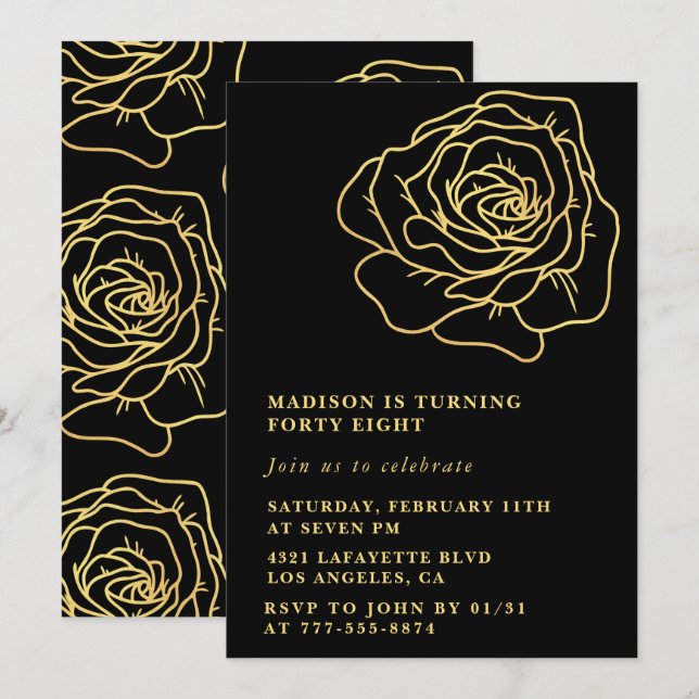 Black 48th birthday invitations Gold Floral (Front/Back)