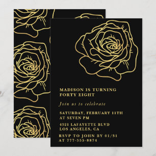 Black 48th birthday invitations Gold Floral