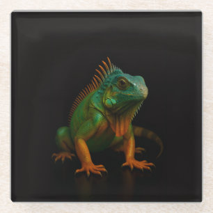 Black 4 Luxe Glass coaster, Green Iguana Coaster