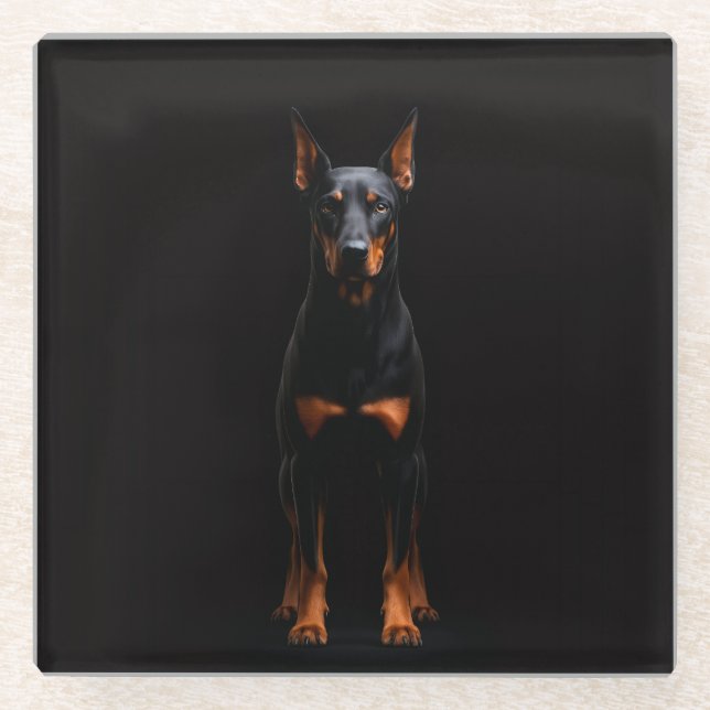 Black 4 Luxe Glass coaster, Guardian Doberman Dog Coaster (Front)