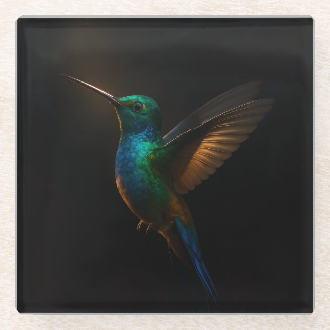 Black 4 Luxe Glass coaster, Hummingbird in flight Coaster (Front)