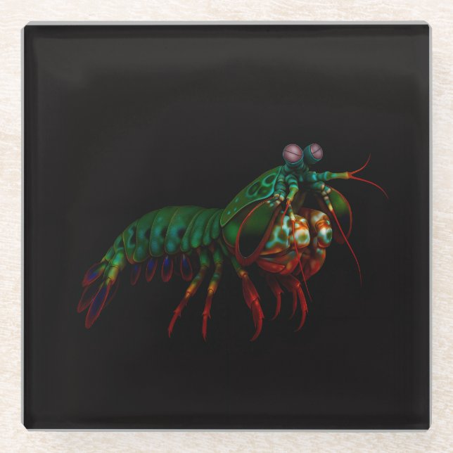 Black 4 Luxe Glass coaster, Mantis Shrimp Glass Coaster (Front)