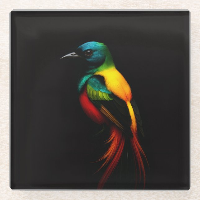 Black 4 Luxe Glass coaster, Rainbow Tropical Bird Coaster (Front)