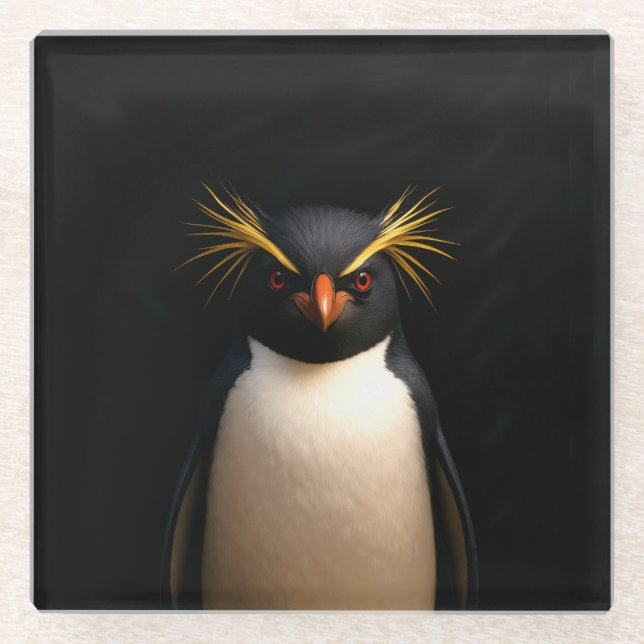 Black 4 Luxe Glass coaster, Rockhopper Penguin Coaster (Front)