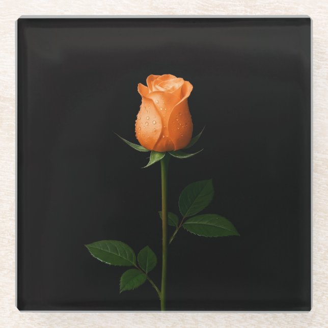 Black 4 Luxe Glass coaster, Sunset Orange Rose Coaster (Front)