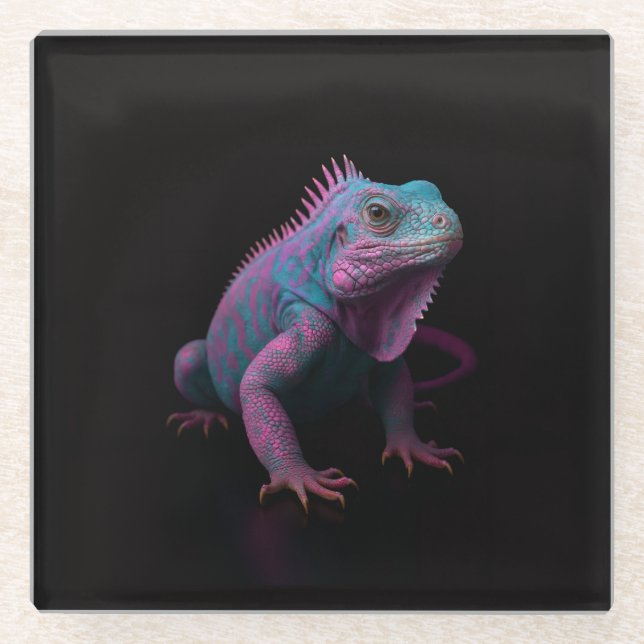 Black 4 Luxe Glass coaster, Tropical Pink Iguana Coaster (Front)
